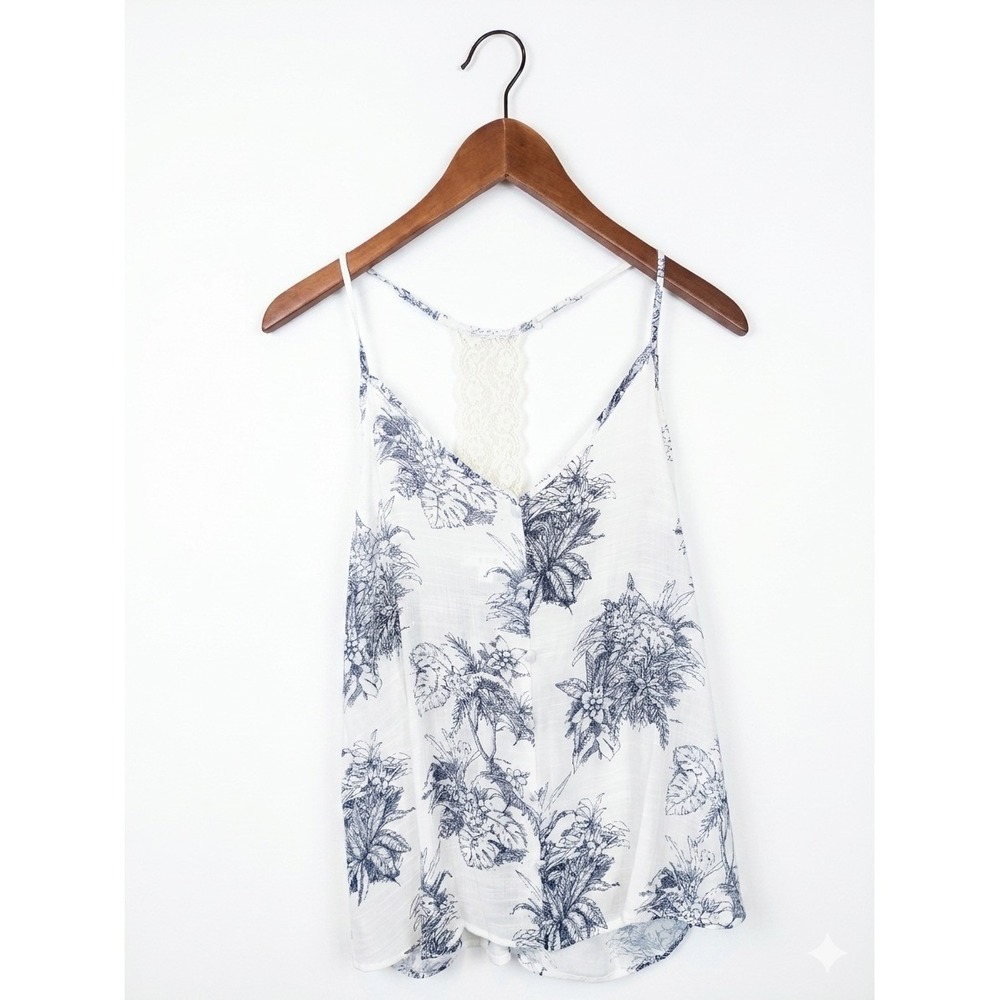 Euro Summer Tropical Lace Racerback Button Front Camisole Top‎ White Navy Floral
